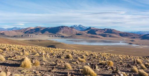 Vue Sur Les Montagnes Et La Lagune Dans Le Désert Bolivien Du Parc Eduardo Avaroa Postshow