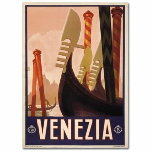 Poster Vintage Décoratif De Venise sur lequel on peut voir des gondoles stylisées et écrit en gros Venezia
