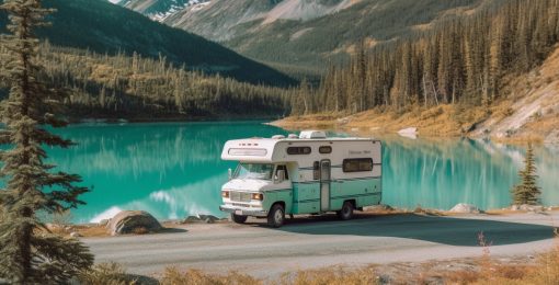 Rv Parked On The Road Beside A Turquoise Lake
