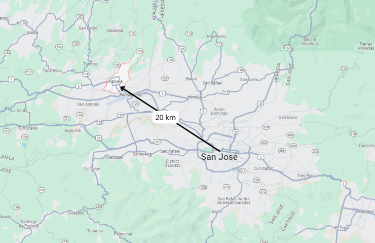 Alajuela Carte Routiere Distance